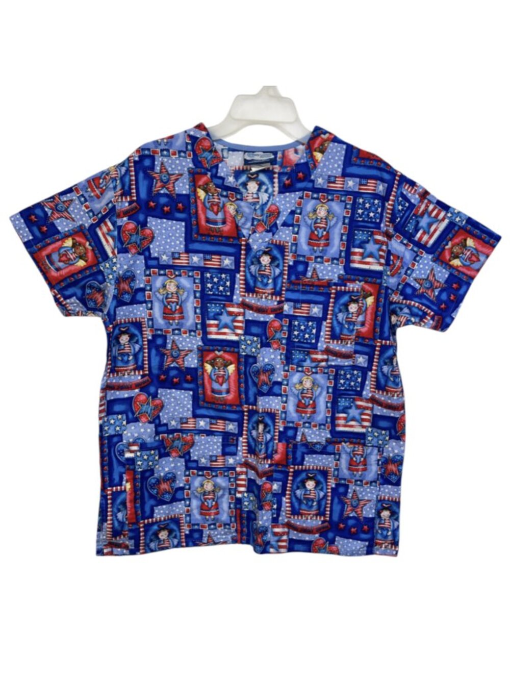 Scrub Shirt Primitive Angels Blue Stars Flag Fourth of July Patriotic Sz Medium